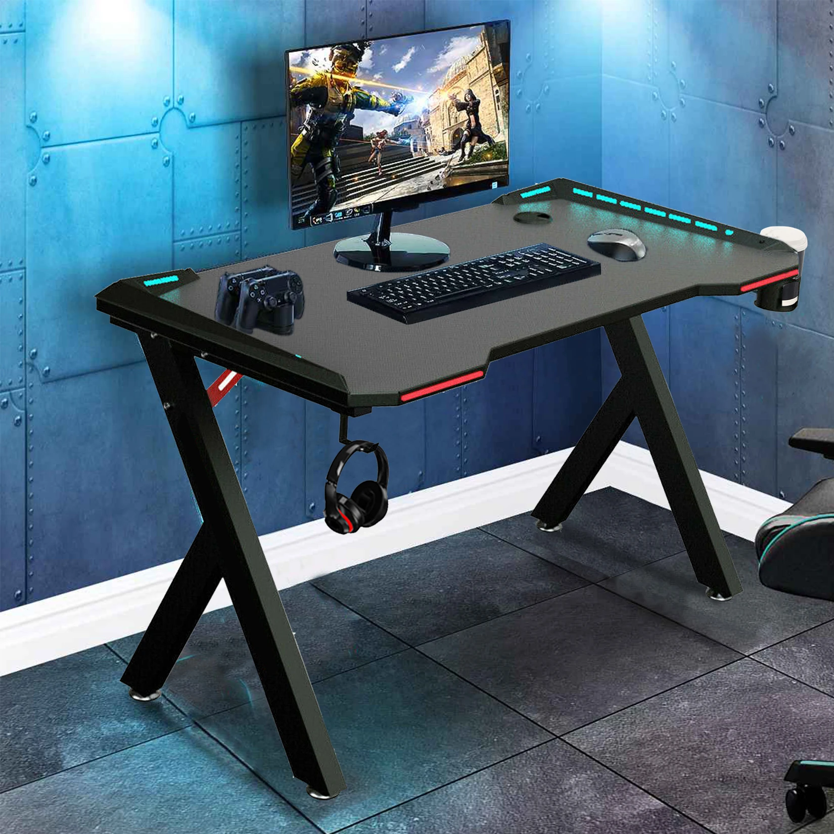 Bureau Gaming LED 120cm, Bureau Gamer en Fibre de Carbone, Bureau  Informatique Ergonomique avec Lumière RGB, Tapis de