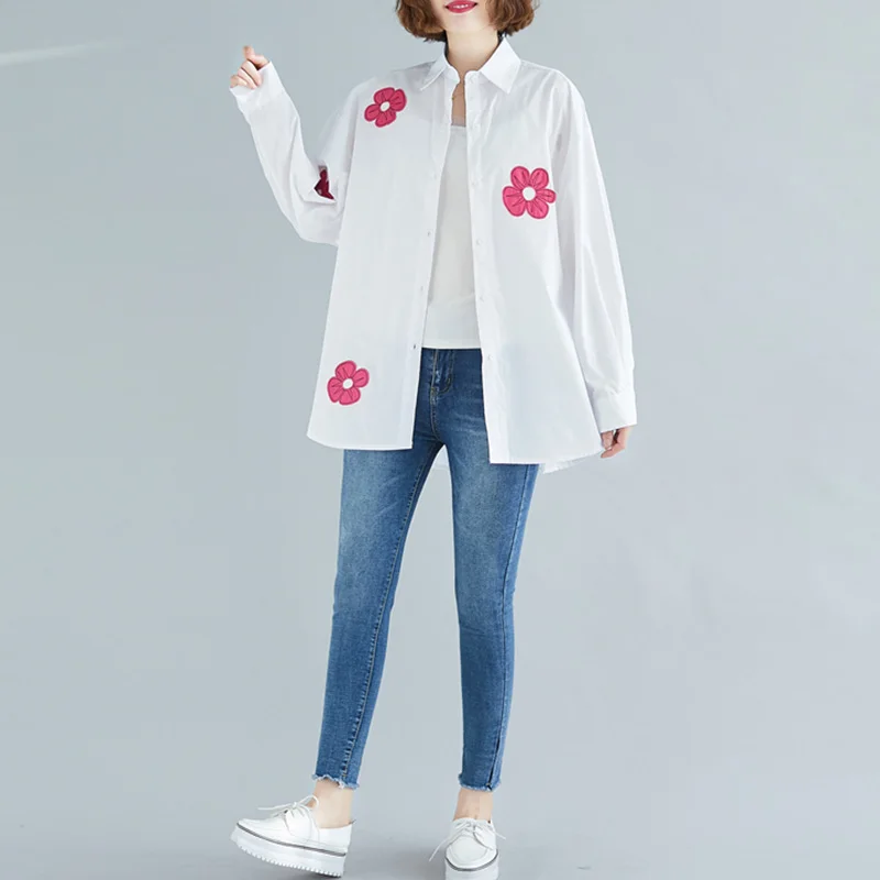 Spring 2020 Women Off White Cardigan Blouse Korean Version Applique Loose Casual Shirt Simple Large Size Long-Sleeve Shirt Women