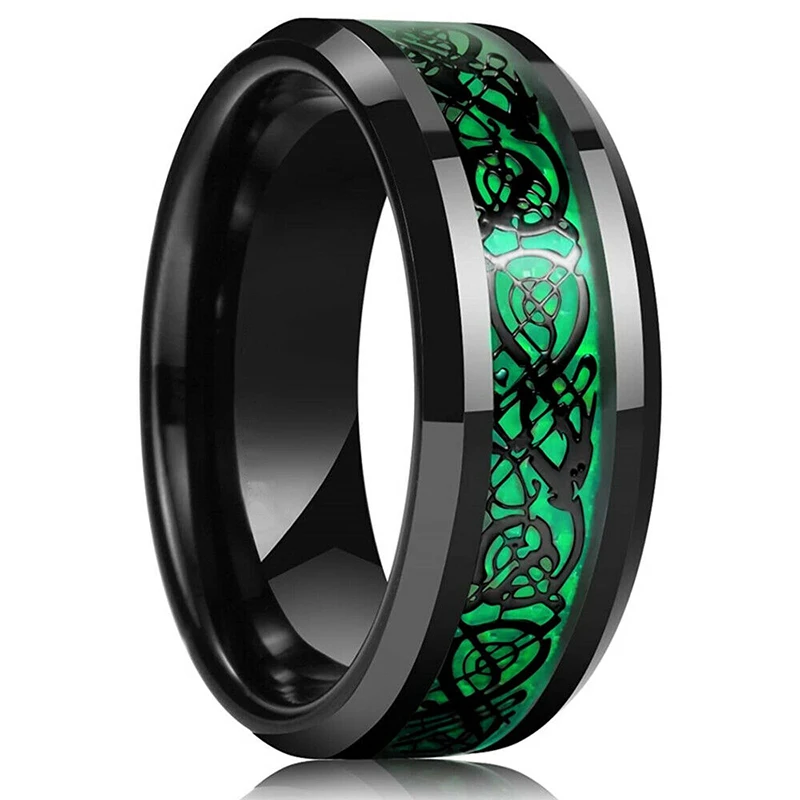 Fashion Men 8mm Black Tungsten Wedding Celtic Dragon Ring Inlaid Purple Zircon Punk Men Stainless Steel Purple Carbon Fibre Ring 