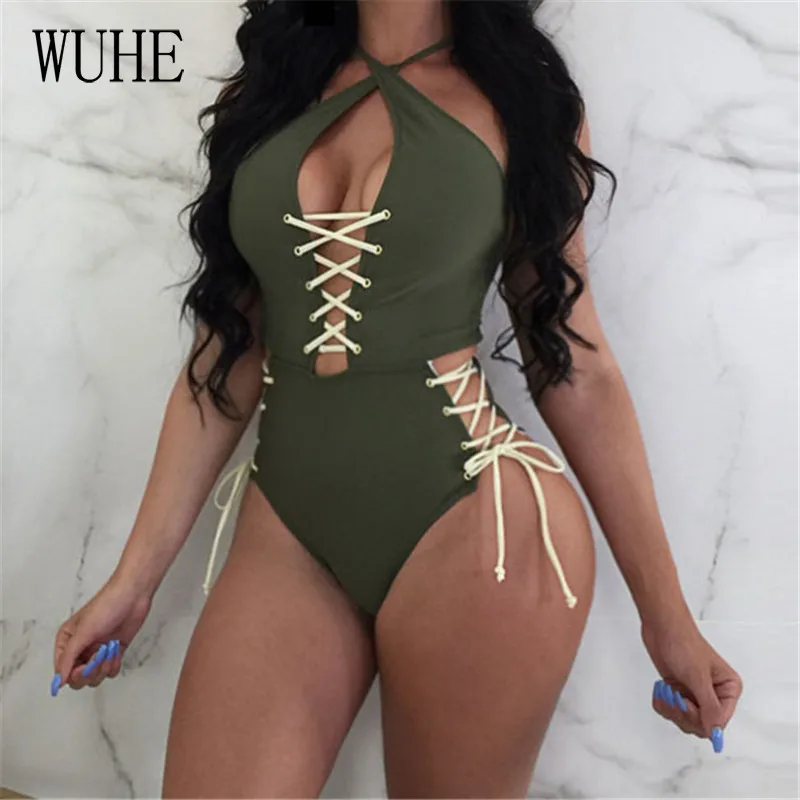 

WUHE Women Sexy Deep V Neck Lace Up Bodysuit Hollow Out Bandage Night Club Party Jumpsuit Body Tops Tee Multiple Ways To Wear