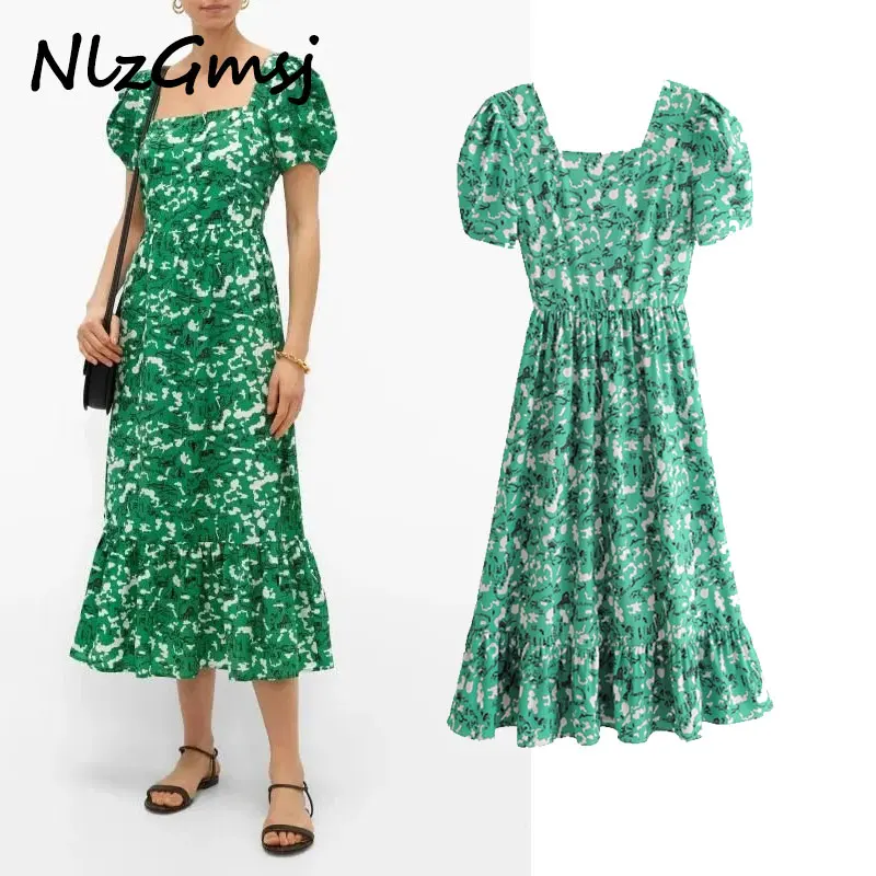 

2020 vintage floral square collar short sleeve sexy summer long dress women vestidos de fiesta de noche vestidos party dress
