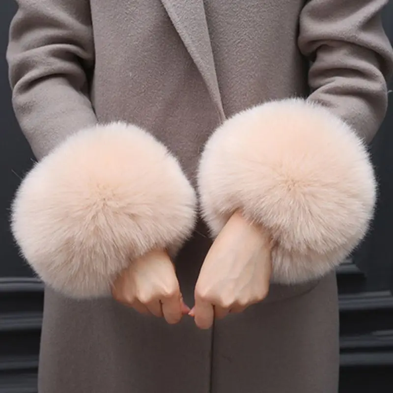 Искусственный мех кролика утолщаются женские зимние теплые наручные перчатки поддельные манжеты нарукавник 449F