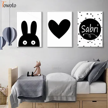 

Black Heart Print Customize Name Poster Cartoon Canvas Painting Nursery Wall Art Picture Kids Bedroom Home Decoration Modern