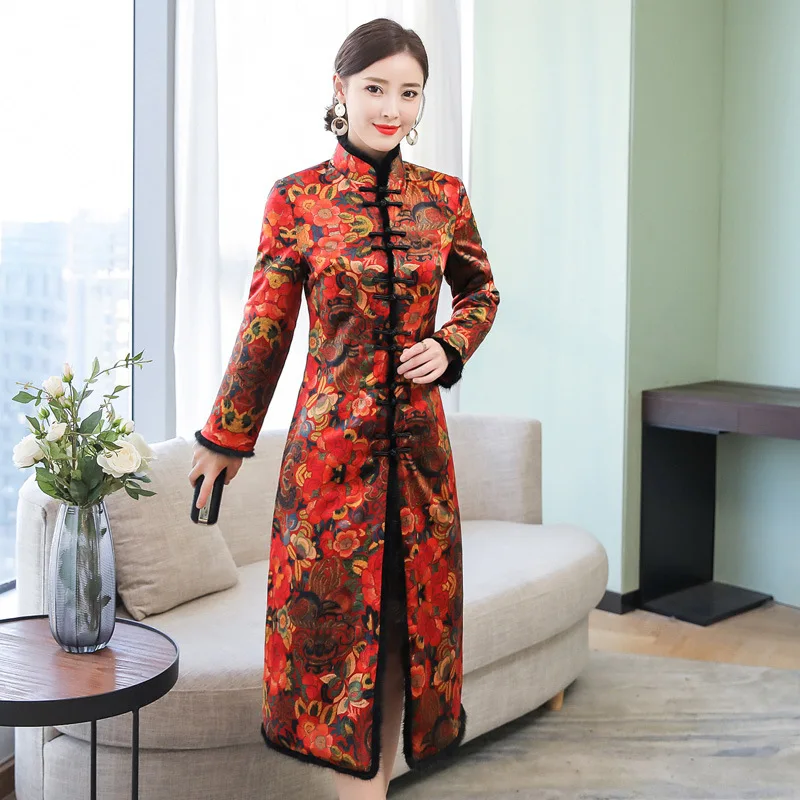 

Improved Cheongsam Coat Women's 2019 Autumn And Winter New Style Dignified Glorious Retro Stand Collar Padded Warm Middle-aged W