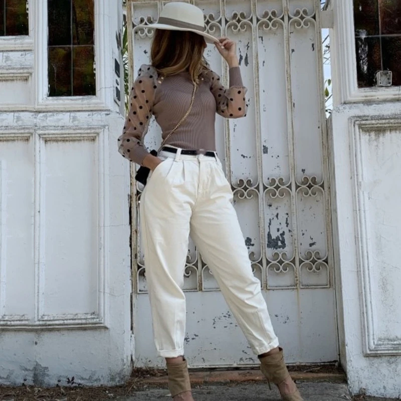 Skup Lossky dzianiny T Shirt topy Mesh przezroczyste szwy bufiaste rękawy Street kobiety nadruk w kropki jesień z długim rękawem ubrania Tee Vogue 2019