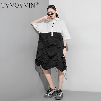 

loose Women Contrast Color Drawstring Big Size Shirt Dress Lapel Three-quarter Sleeve Loose Fashion Spring Autumn 2020 DFYD
