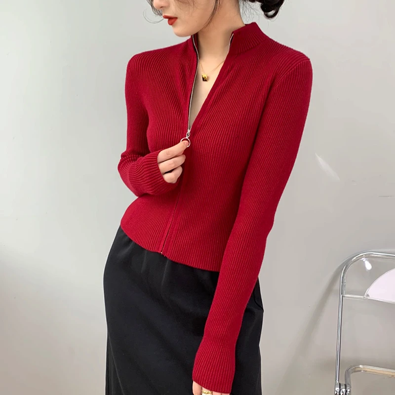 Giletcardigan,Cardigan court à col haut et fermeture éclair pour femme