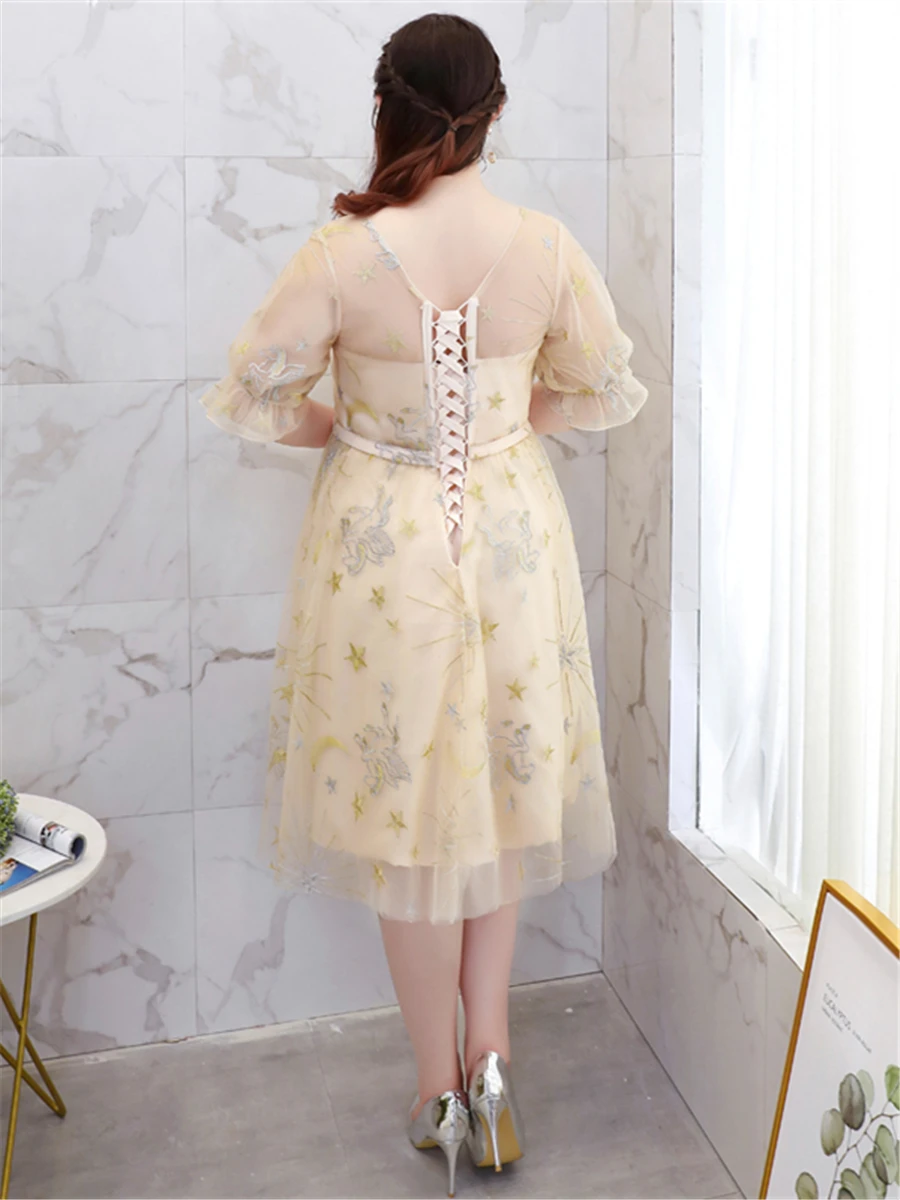 Платье для выпускного вечера, короткое, со звездами, с вышивкой, Vestidos De Gala T306, размера плюс платья цвета шампанского, женские вечерние, вечерние, с коротким рукавом, платье для выпускного вечера