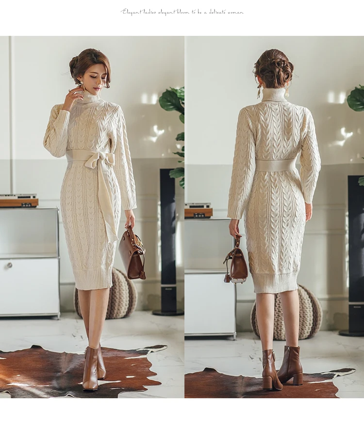 REALEFT осень зима толстый свитер платье пояс женское винтажное вязаное свободное миди платье с длинным рукавом Водолазка вязаное платье