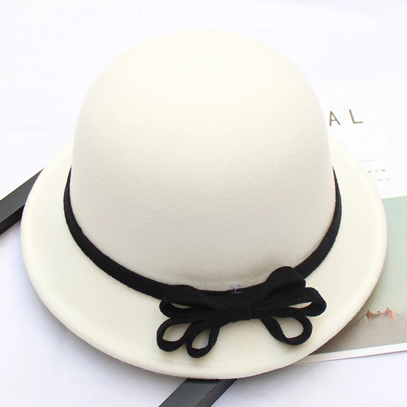 FS Элегантная Женская шляпка, винтажная одноцветная фетровая шляпа с бантом, Ретро стиль, повседневная Кепка с широкими полями, женская шляпа - Цвет: White 1
