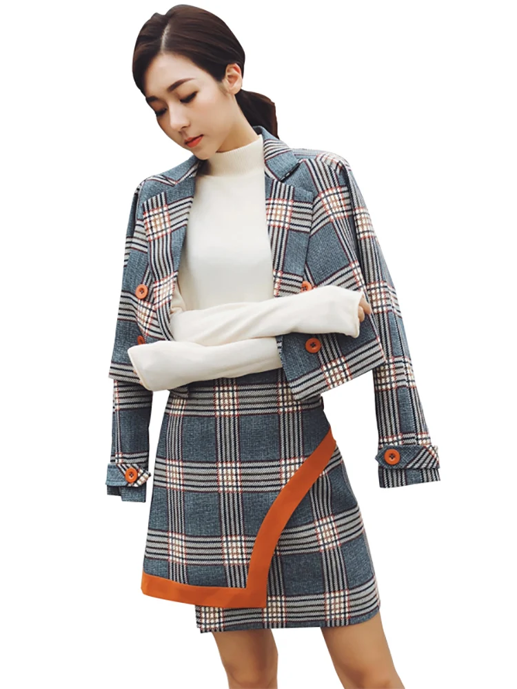 

Fashion Spring Autumn 2PCS Suits Sets Korean Elegant Short Plaid Blazer Jacket + Irregular Mini Skirt two piece Sets Plus Size