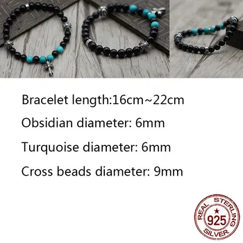 

C71 S925 Sterling Silver Bracelet Retro Personality Punk Hip-Hop Style Obsidian Cross Alphabet Couple Beads 2020 new hot