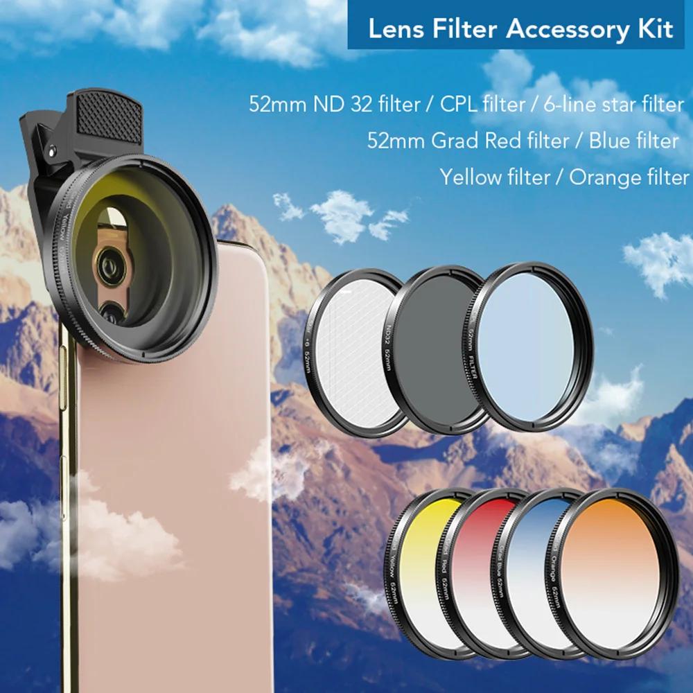 mobile camera lens APEXEL APL-52UV-7G 7in1 Lens Filter Kit 52mm ND32 Filter Lens CPL Lens 6-Point Star Filter 52mm Grad Filters for iPhone xiaomi mobile lens 18x25