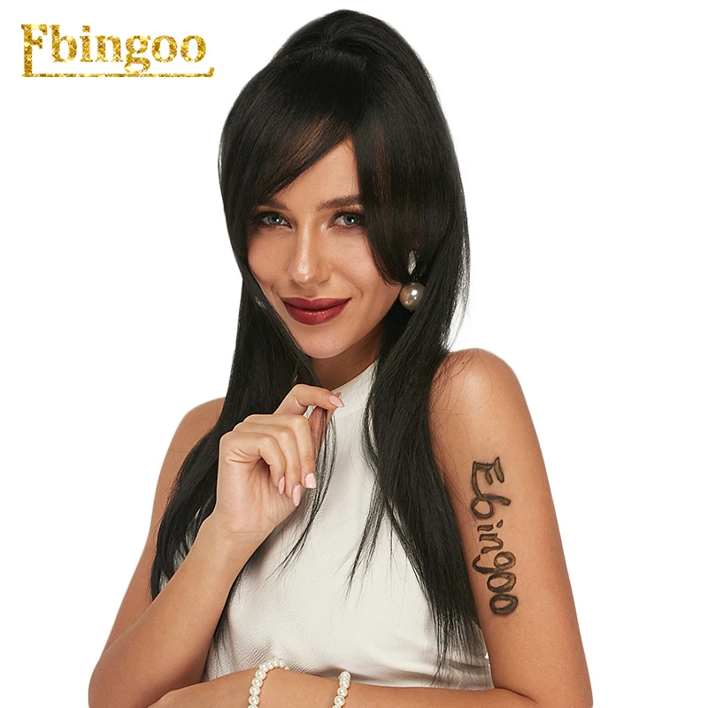 Ebingoo 1b Long Straight Ponytail Wig Hair Clip with Side Bangs Black Synthetic Soft Heat Resistant Futura Fiber Wig Hair 22 "