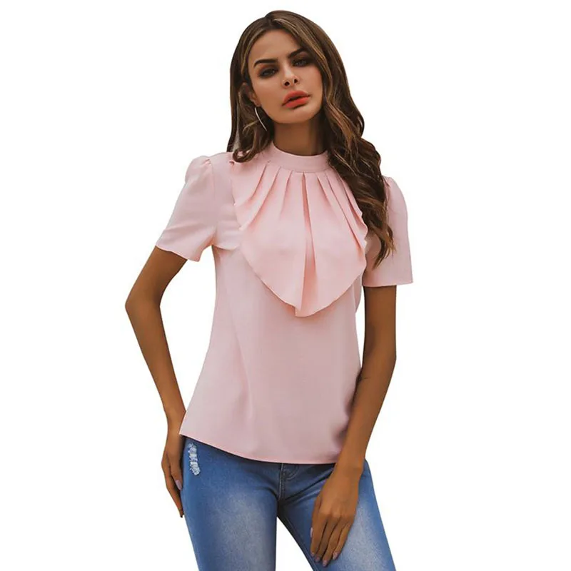 

2020 new fashion chiffon casual ladies top short sleeve shirt solid color ruffle round neck sexy t-shirts for women ladies blous
