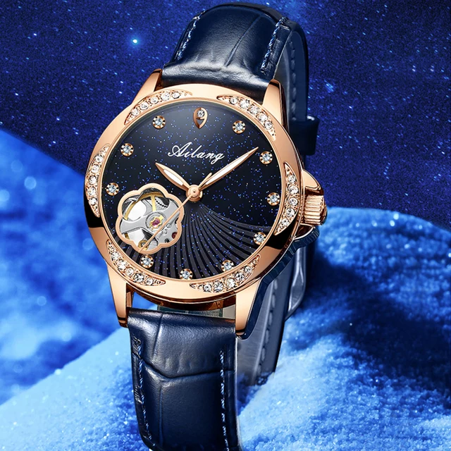 AILANG brand watch ladies Luxury automatic mechanical watch hollow diamond 2021 new star brand waterproof leather female watch 1