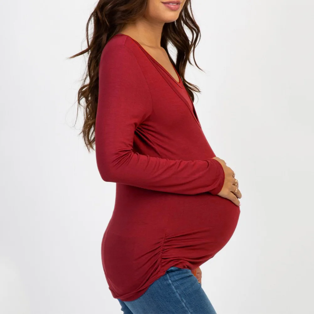Одежда для беременных с круглым воротником; Однотонная футболка с длинными рукавами для беременных женщин; одежда для кормления; Одежда для беременных - Color: wine red