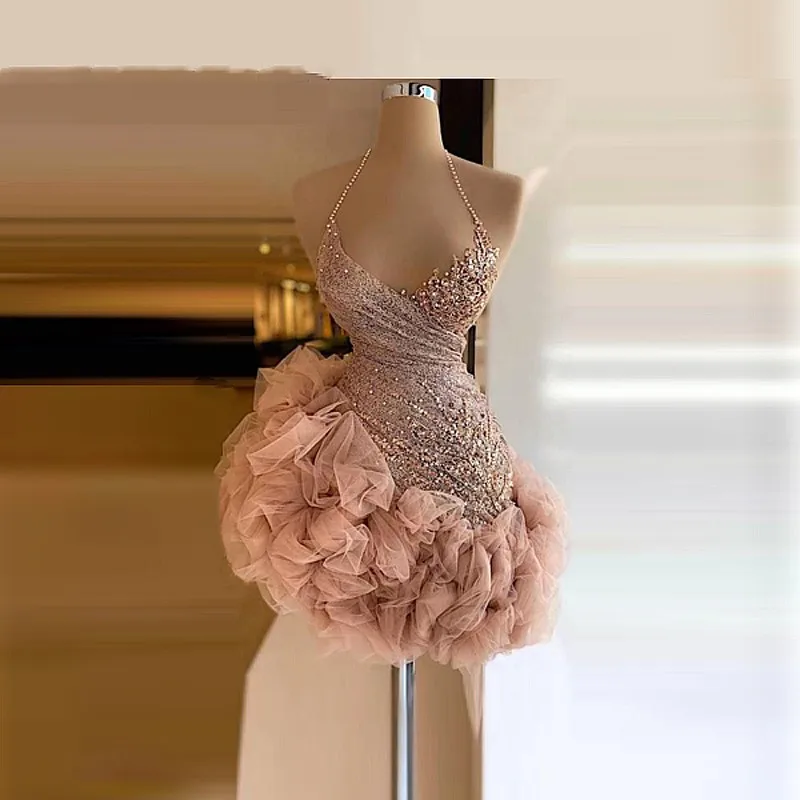 Dusty Pink Mini Cocktail Party Dresses Ruffles Sequins Short Prom Gowns Halter Sexy Back Formal Celebrity Vestido De Festa