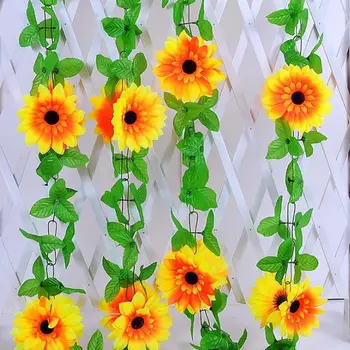 

2 Strips Of Fake Sunflower Ivy Vine Fake Flower And Green Leaf Hanging Wreath Indoor Garden Fence Family Wedding Decoration