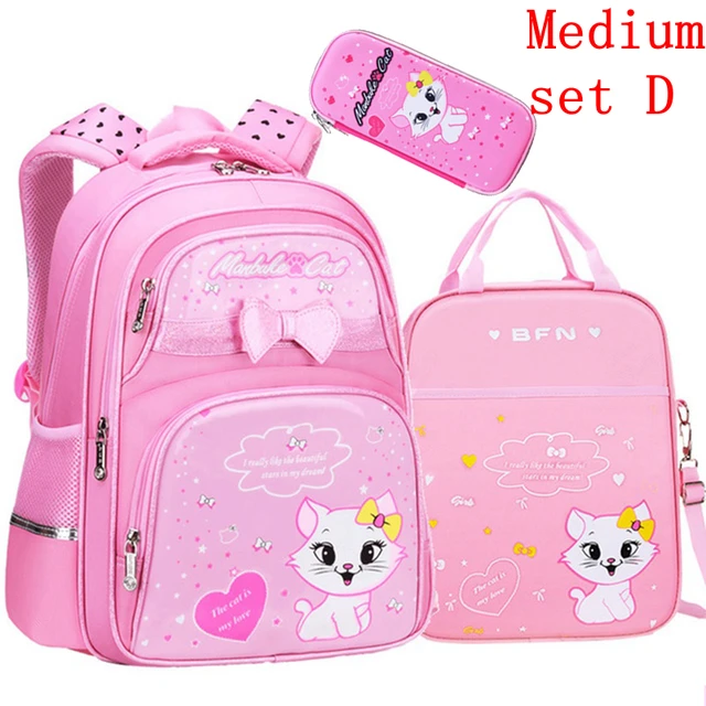 Waterproof Children School Bags Cartoon Cute Princess Backpacks Orthopedic Kids Book Bags for Teenage Girls Schoolbags Mochila Medium set D