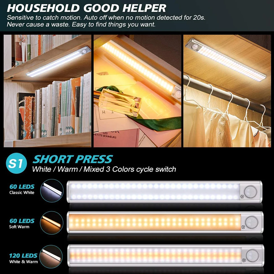 Description Picture 4 of item80 120 160 LEDs Under Cabinet Lights PIR Motion Sensor Night Lamp Kitchen Lighting USB Rechargeable Closet Light for Bedroom
