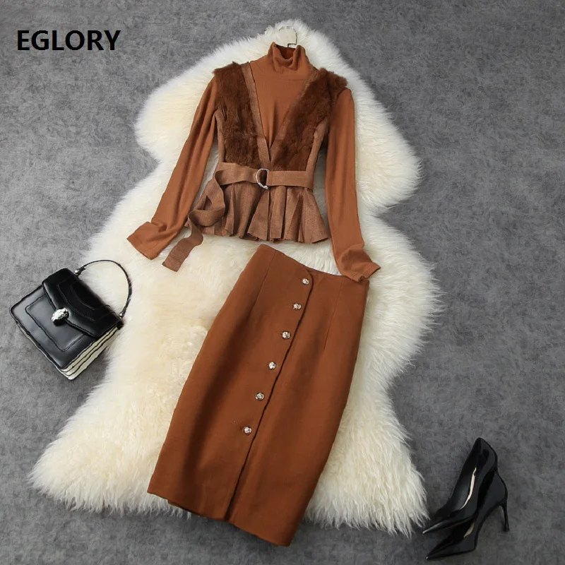 

High Quality Designer Clothing Sets 2020 Autumn Winter Suit Women Turtleneck Tops+Faux Fur Patchwork Vest Jacket+Midi Skirt Sets
