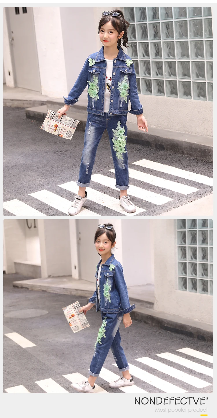 Children Autumn Denim Outfit Fashion Clothing Girls Green Flower Denim Jacket +Jeans Pants Long Sleeve Denim Kids Clothes Set