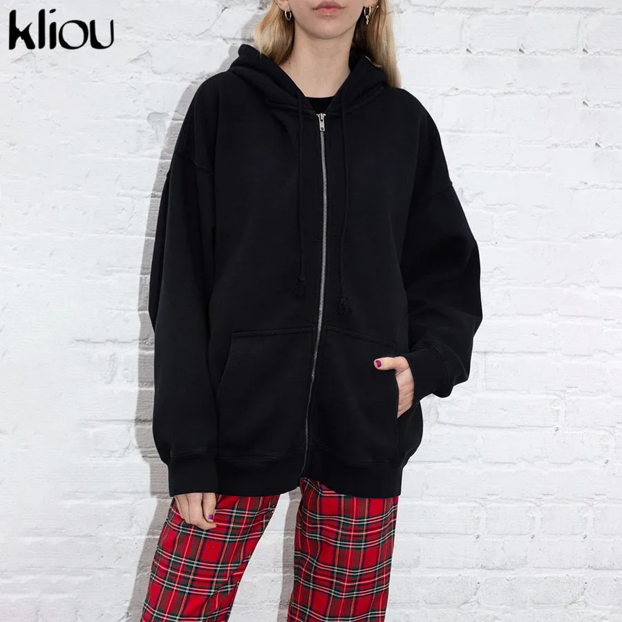 

Kliou 2019 Autumn Winter Women loose coats long Jacket Outwear Zip-Up Hooded Solid black pockets Long Sleeve streetwear Coat