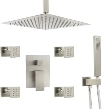 

Luxury Shower System, 12" Inch Ceiling High Pressure Rain Shower Faucet Set with Shut-off Control Body Sprays and Hand Shower