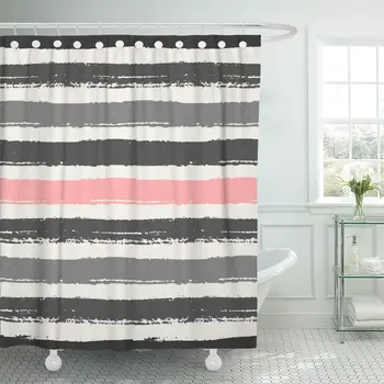 

Watercolor Pastel Pink Light and Dark Gray Stripes Brush Shower Curtain Waterproof Polyester Fabric 72 x 72 Inches with Hooks