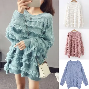 

newLazy Wind Tassel Sweater 19 Autumn Winter Korean Style Women Loose Large Size Solid Color O-Neck Pullover Pull Femme Jumpers