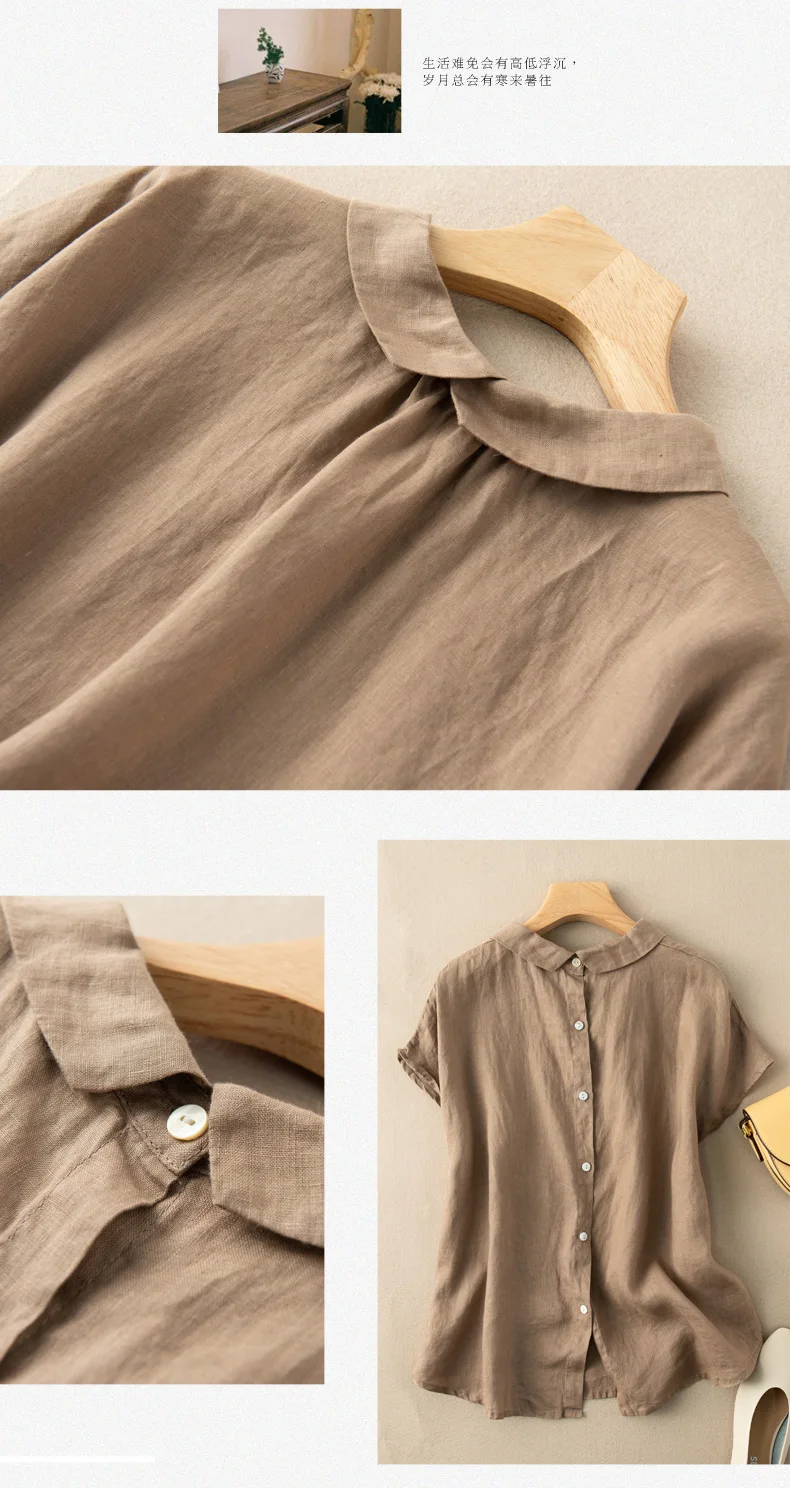 satin blouse 2020 Summer New Fashion Women Short Sleeve Loose Shirts All-matched Casual Peter Pan Collar Cotton Linen Blouse Plus Size M156 women's shirts & tops