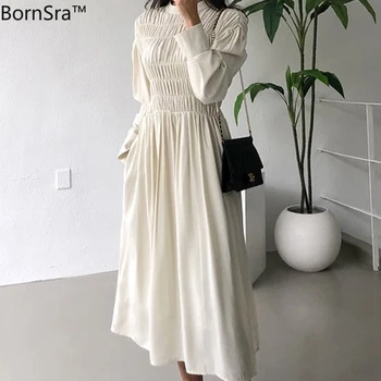 

BornSra2020 Spring Vintage O-neck Long Sleeve Women Dress High Waist Ruffles Lace-up Cuff Split Female Dress A-line Vestidos