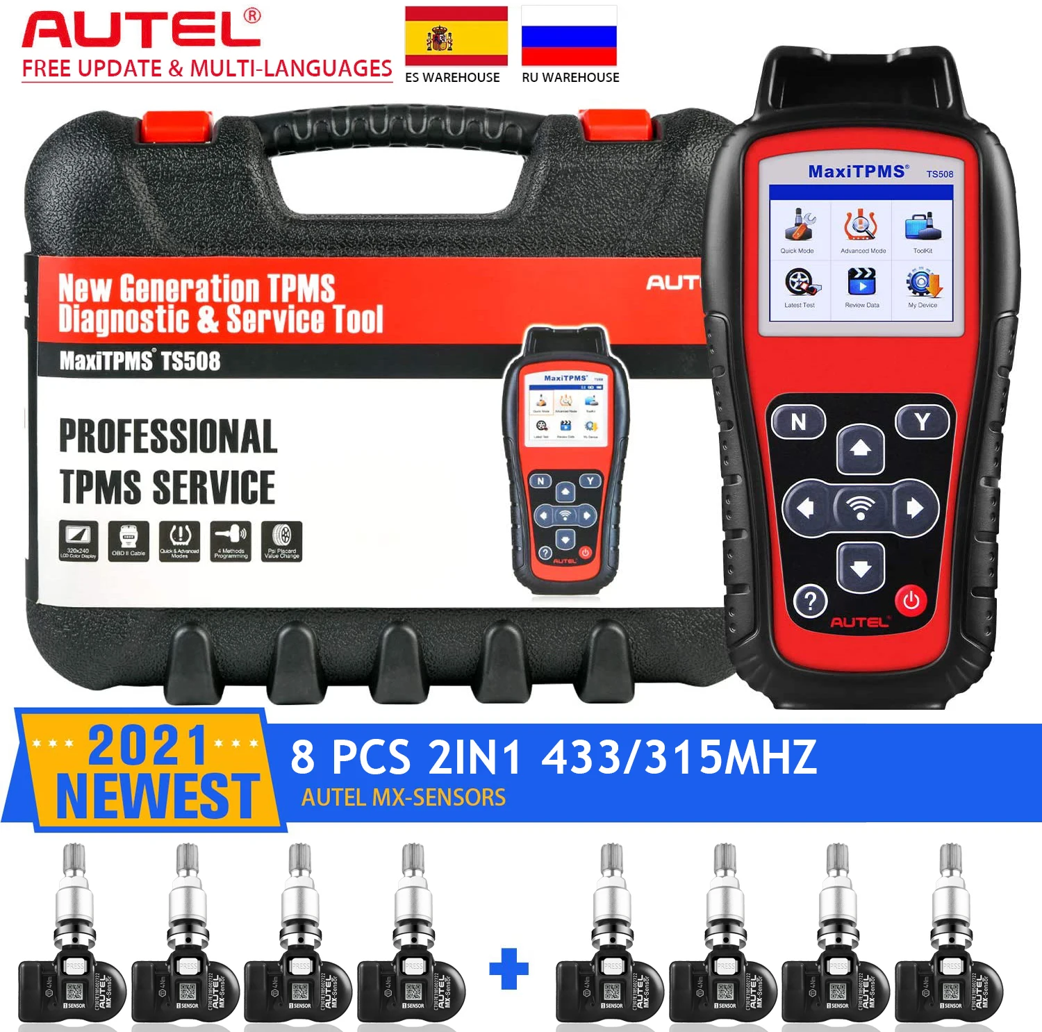 Autel Tpms Ts508 Scanner With 8 Pieces Sensor Kit, Mxsensor 433mhz