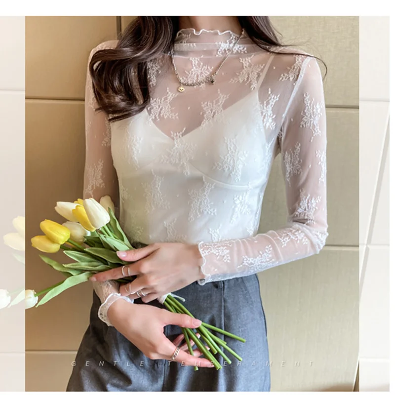 Korean Fashion Mesh Women Blouses Office Lady Shirt and Blouse Long Sleeve Floral Blusas Largas Loose Womens Sexy Tops