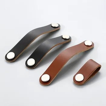 Northern European Style Cowhide Small Wardrobe Drawer Door Pull Genuine Leather Handle Kitchen Cabinet Handles Furniture Knobs