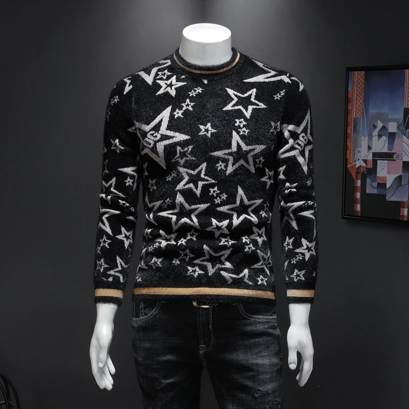 

Fashion Star Printing Sweater Thickening Imitate Mink Down Jacquard Weave Round Neck Knitting Unlined Upper Garment Noel Kazak