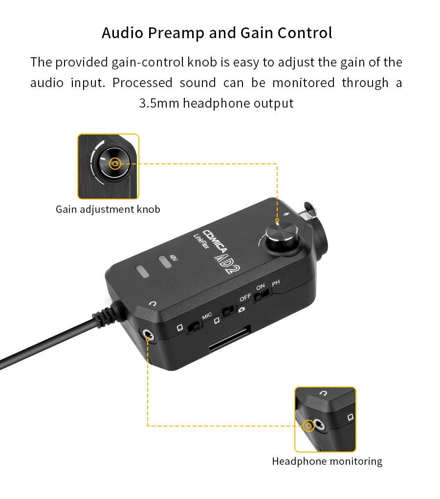 Comica AD2 6,35 мм/XLR до 3,5 мм аудио микрофонный предусилитель адаптер для iPhone iPad Android телефон DSLR Canon Nikon камеры и гитара