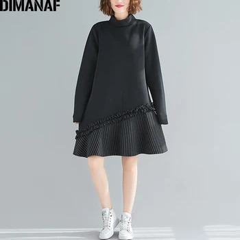 

DIMANAF Women Dress Turtleneck Plus Size Female Lady Vestidos Fashion Elegant Dress Spliced Striped Cotton Thicken Winter Black