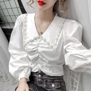 

COIGARSAM Fashion Full Sleeve blouse women New Spring Solid Beading blusas womens tops and blouses White Black 1574