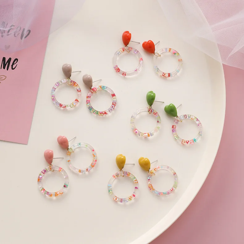 

Korea New Fashion Colorful Acrylic Circle Heart Button Drop Earrings For Women Geometric Sweet boucle d'oreille femme