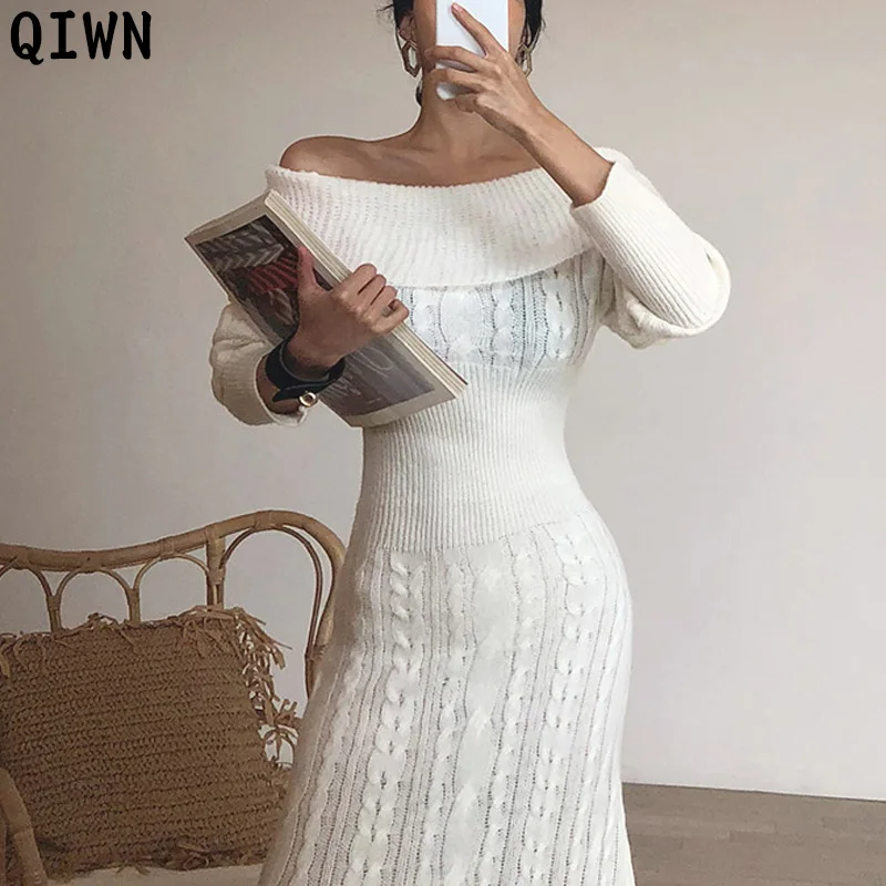 

Elegant Off Shoulder Sweater Dress Women Sexy Autumn One-Piece High Elastic Twist Knitted Dress Woman Winter Midi Dresses Lady