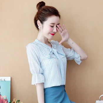 

COIGARSAM Striped Shirt Womens tops New Spring Summer Chiffon Lace Women shirts 8734