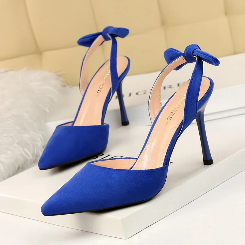 

BIGTREE high heels blue sandals summer shoes woman suede butterfly-knot sweet sandalias mujer 2019 closed toe shallow sandalet