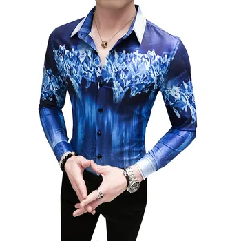 

British Style 2020 Spring New Long Sleeve Shirt Men Streetwear Slim Fit Man Casual Floral Shirts Digital Print Night Club Tuxedo