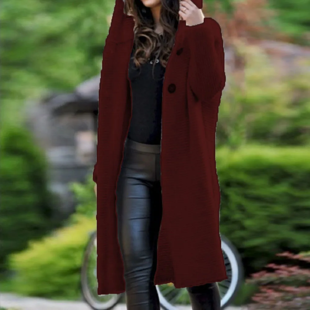 Женский длинный вязаный кардиган с капюшоном свитер однотонный осенний длинный пальто зимнее вязаное пальто плюс размер 5XL повседневная трикотажная одежда