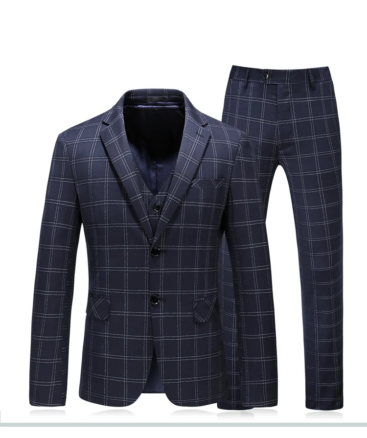 Jacket vest pants Мужской костюм темно-синий клетчатый костюм по фигуре свадебные костюмы для мужчин одежда жениха умный Повседневный однобортный подарок на день отца комплект из 3 предметов - Цвет: Jacket vest pants