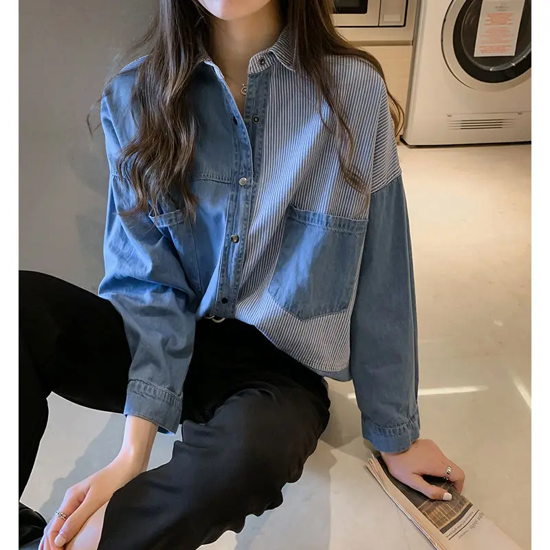  XL Korean 2019 New Women Striped Denim Blouse Casual Loose Button Shirts Lapel Fashion Autumn BF Lo