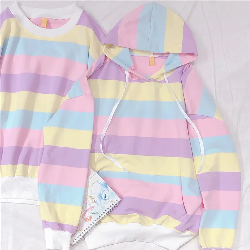 

Japanese Rainbow Woman Hoodie Sweatshirt Kpop Clothes Harajuku Kawaii Striped Women Sweatshirts Friends Casual Pullovers