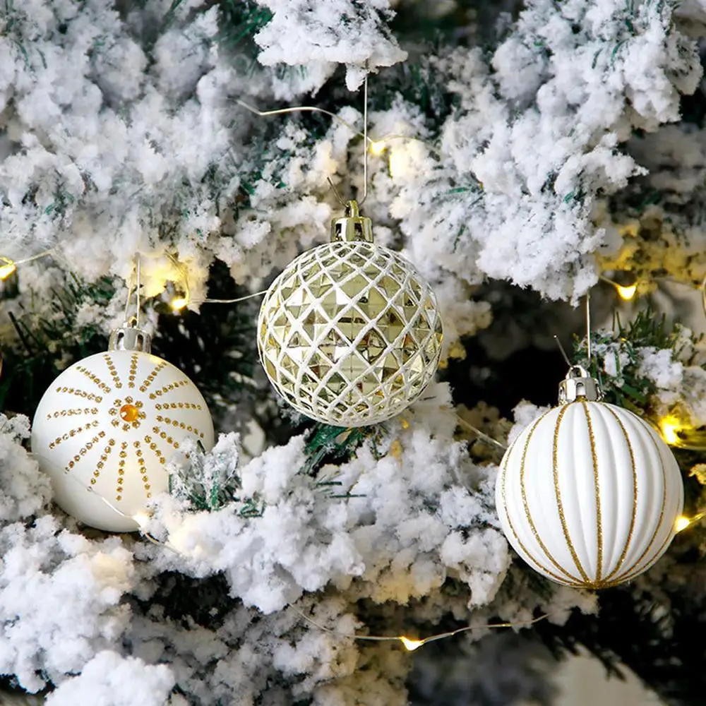 24 шт., белое золото, смешанные Рождественские елочные украшения, рождественские шары, вечерние, на окно, для дома, пушистые, рождественские, висячие, декоративные шары